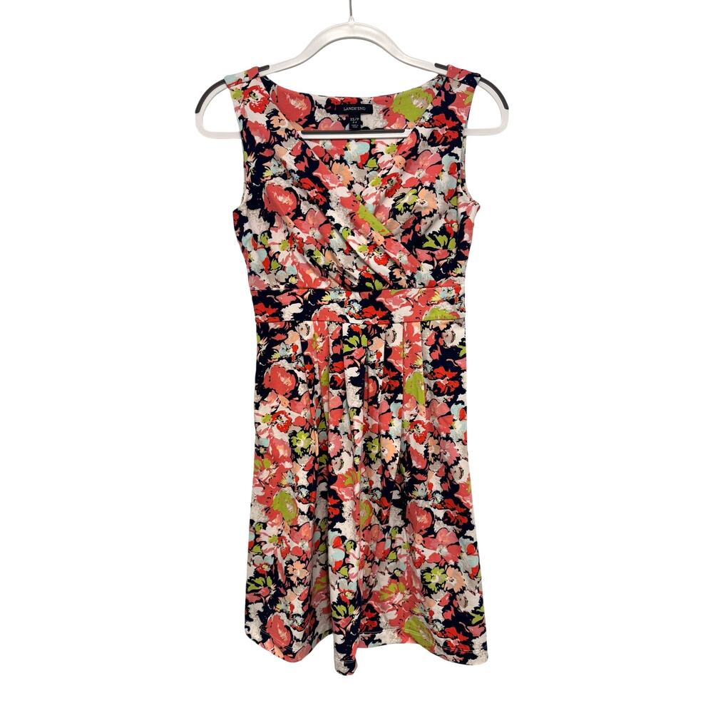 Lands' End Sleeveless Cross Over Surplice Knee Length Floral Dress XS 2-4